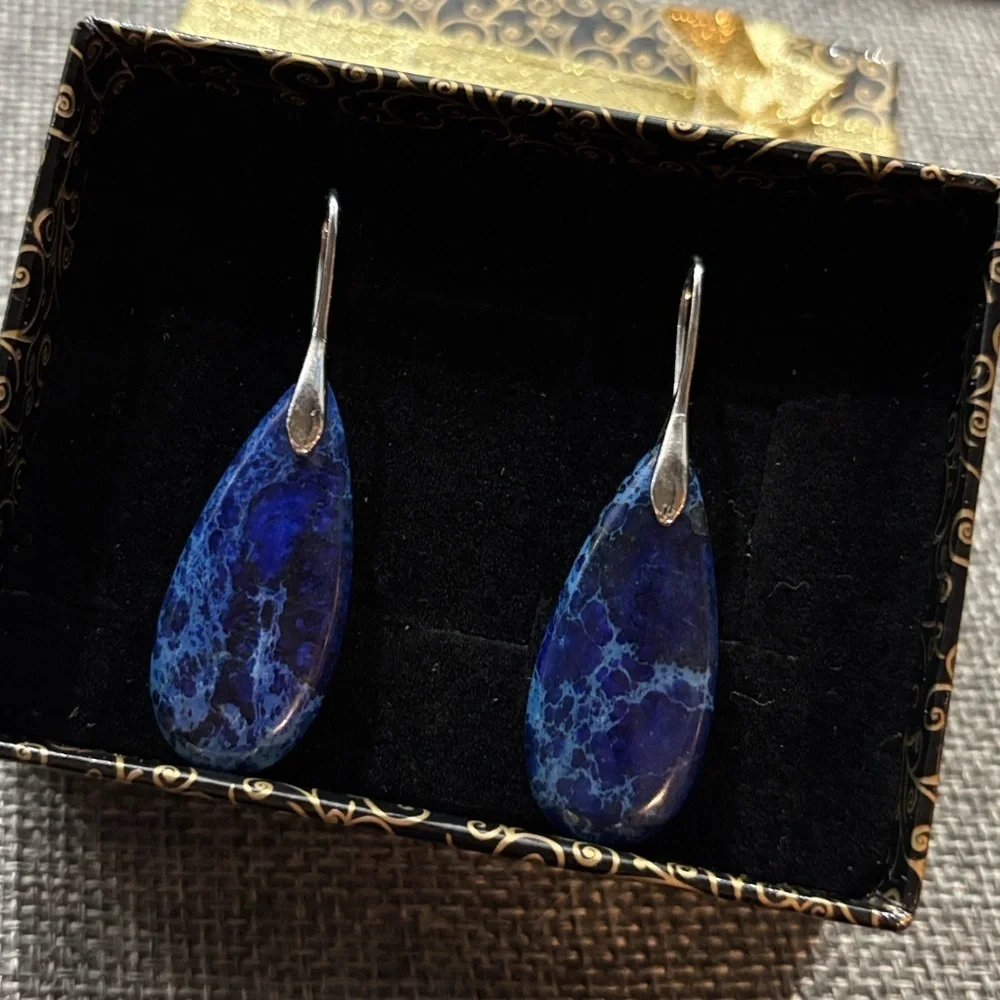 Blue Jasper Natural Gemstone Pendant Teardrop Earrings Silver Handmade Healing